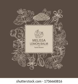 Background with melissa: plant and leaves of melissa, soap and bath salt. Lemon balm. Cosmetic and medical plant. Vector hand drawn illustration
