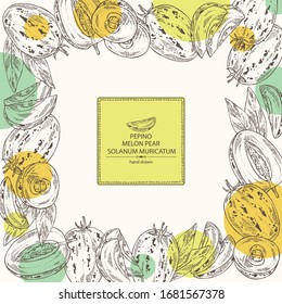 Background with melon pear: pepino fruit, melon pear slice and leaves. Solanum muricatum. Vector hand drawn illustration.