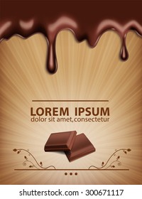 Background with melted chocolate. Label for chocolate products. EPS10 vector