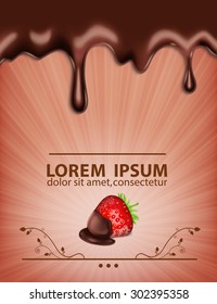 Background with melted chocolate and strawberry. Label for chocolate products. EPS10 vector