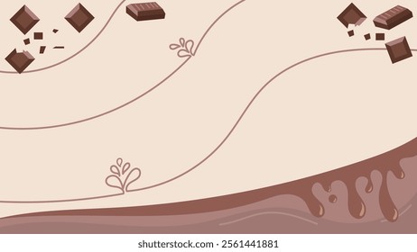 Background of melted dark chocolate and chocolate chips, for chocolate day. Vector illustration. Suitable for wallpapers, banners, etc.