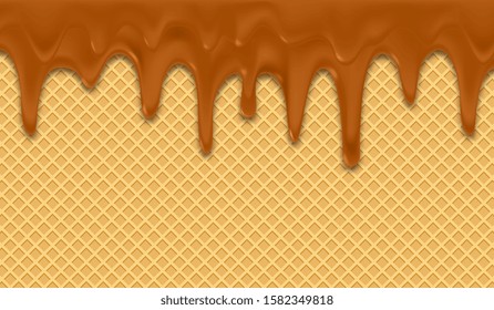 Background with melting chocolate on wafer. Brown cream. Vector illustration.