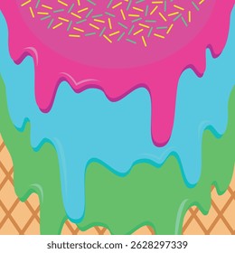 In the background is melting ice cream with sprinkles and a waffle cone. Menu background.