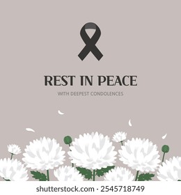 Background with memorial ribbon and white chrysanthemums