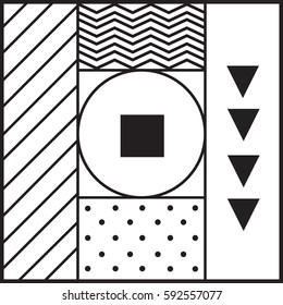 Background in the Memphis style. Retro texture in black and white. Geometric pattern in bold block. Decorative template. It can be used as a cover, flyer, billboard, card, banner, print fabric, paper.