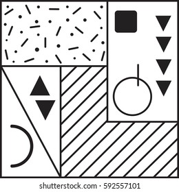 Background in the Memphis style. Retro texture in black and white. Geometric pattern in bold block. Decorative template. It can be used as a cover, flyer, billboard, card, banner, print fabric, paper.