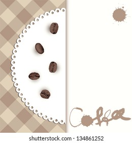 Background for menu, coffee house. Beans and tablecloth, vertical design.