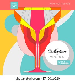 Background for menu covers. Poster for Wine festival. Cocktail Party banner. Vintage abstract art. Wine glasses, overlapping shapes. Vector layout for brochure, banner, flyer