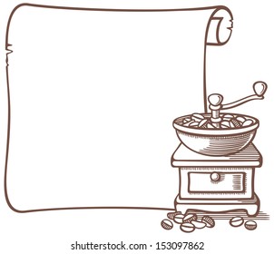 background for menu or recipes with coffee grinder and coffee beans