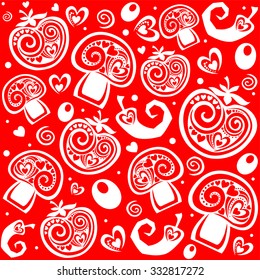 Background With Menu. Seamless pattern with tomatoes, mushrooms, olives, chilli. Vector Illustration 