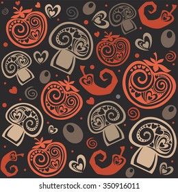 Background With Menu. Seamless pattern with tomatoes, mushrooms, olives, chili. Vector Illustration 