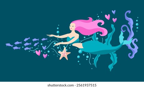 Fondo con sirena. Imagen de maravilla submarina o creación fabulosa.