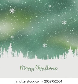 Background for a Merry Christmas greeting card with a pine tree copy space against a lovely night sky with snow and snowflakes.