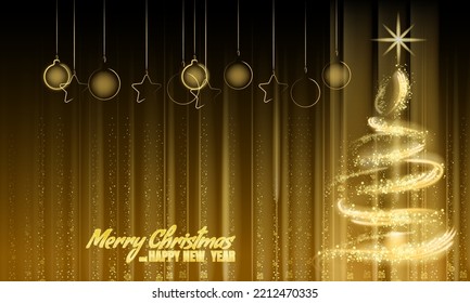 Background Merry Christmas and Happy New Year, tree gold lights dust decoration, golden blurred magic glow on dark background. Merry Christmas holiday celebration. Vector illustration banner greeting