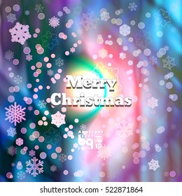 Background Merry Christmas, multicolored snowflakes, bokeh effect, Vector illustration, rainbow flash, neon design