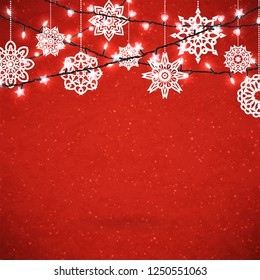 Background for Merry Christmas poster with paper snowflakes and glittering garland. Vector illustration.