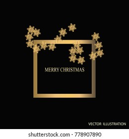 Background merry christmas with snowflakes. Vector illustration in black and gold colors.