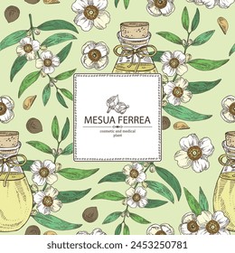 Background with mesua ferrea: plant, leaves, mesua ferrea flowers and bottle of mesua ferrea essential oil. Cosmetic, perfumery and medical plant. Vector hand drawn illustration svg