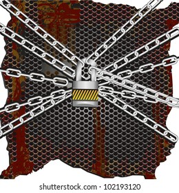 background of metal chains lock together on a rusty metal background