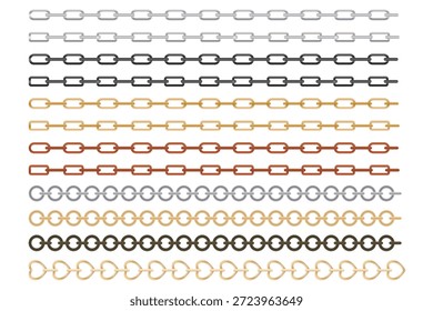 A background of metal chains of various shapes and colors arranged horizontally