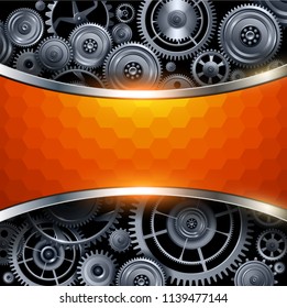 Background metal gears with hexagon patter banner, 3D vector illustration.