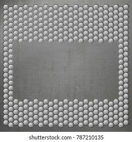 Background of the metal plates with an empty frame. Vector image.