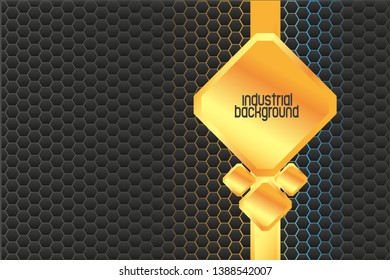Background with metallic geometric shapes on a hexagonal metal wire mesh.