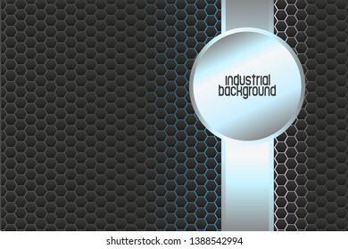 Background with metallic geometric shapes on a hexagonal metal wire mesh.