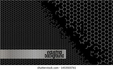 Background with metallic geometric shapes on a hexagonal metal wire mesh.