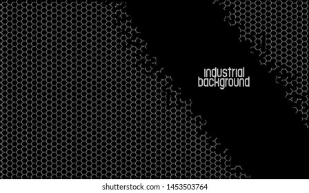 Background with metallic geometric shapes on a hexagonal metal wire mesh.