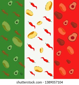 
Background of Mexican flag with chili pepper ,Taco and avocado