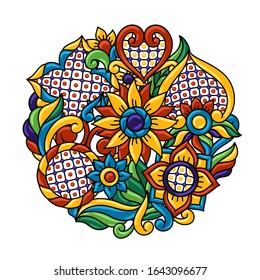 Background with mexican talavera pattern. Decoration with ornamental flowers. Traditional tile decorative objects. Ethnic folk ornament.