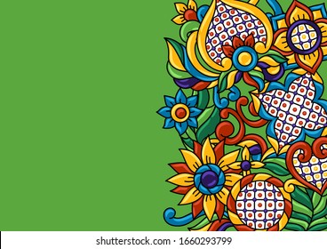 Background with mexican talavera pattern. Decoration with ornamental flowers. Traditional tile decorative objects. Ethnic folk ornament.