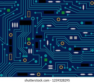 Background with microcircuits and a processor, abstract blue technological background, motherboard.