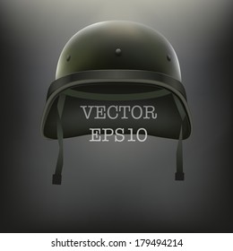 Background of Military green helmet. Space for text. Vector illustration. Metal army symbol of defense and protection. Isolated on white background. Editable.