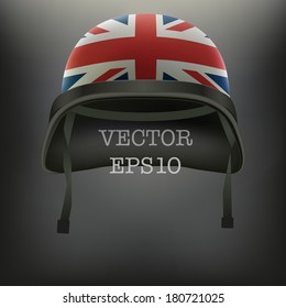 Background of Military helmet with British Union flag. Vector illustration. Metal army symbol of defense. Isolated on white background. Editable.