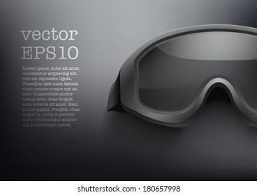Background of military or sport black goggles. Space for text. Vector illustration. Metal army symbol of defense and protection. Isolated on white background. Editable.
