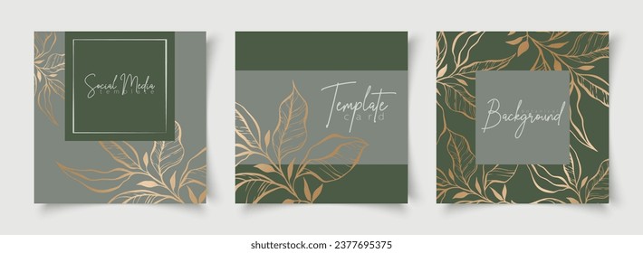 Background with minimal hand drawn branch elements in line art style. Green leaves frame. Editable vector banner for social media post, card, cover, wedding invitation,poster, mobile apps, web ads