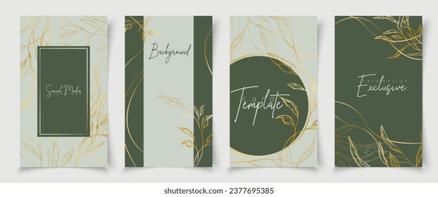 Background with minimal hand drawn branch elements in line art style. Green leaves frame. Editable vector banner for social media post, card, cover, wedding invitation,poster, mobile apps, web ads