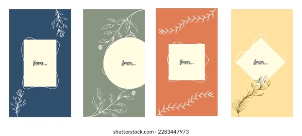 Hintergrund mit minimalen, handgezeichneten Blumenelementen im Kunststil. Blumenrahmen. Bearbeitbarer Vektorbanner für Social-Media-Post, -Karte, -Cover, Hochzeitseinladung, Poster, mobile Apps, Webwerbung