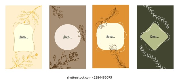 Background with minimal hand drawn flower elements in line art style. Floral frame. Editable vector banner for social media post, card, cover, wedding invitation, poster, mobile apps, web ads