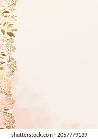 Background with minimalistic leaves in a trendy style on a white background. The vertical position of the border. Gold tones and beautiful leaf shapes. Vector illustration.
