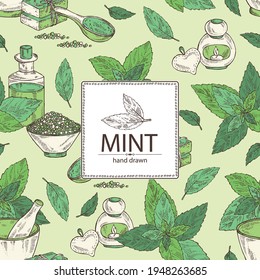 Background with mint: plant and leaves of peppermint. Oil, soap and bath salt . Cosmetics and medical plant. Vector hand drawn illustration