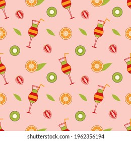 Background with mix cocktail and slices of orange, strawberry, kiwi and leaf on a pink background. Kiwi strawberry, cut orange. Seamless vector background. Wallpaper. Screensaver.