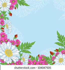 Background with mix of flowers Vector decorative background with a composition of white and pink flowers on blue.