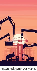 Background for mobile with heavy machinery of truck and excavator on wheels in construction of a building and sunset background