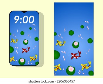 Background for a mobile phone screen with fish in the water. Smartphone screen template. Nature