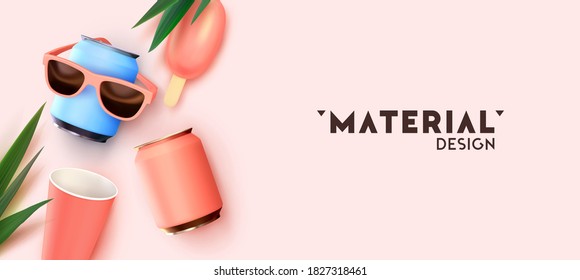 Background Mockup For Advertising Branding Summer Soft Drinks. Realistic 3d Objects, Iron Can, Paper Cup, Ice Cream, Sun Glasses. Template Banner, Poster, Header For Website. Vector Illustration