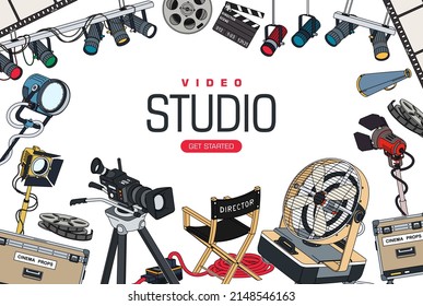 Background mockup for video studio. Poster design with a set of equipment and tools for the film industry and filming video clips. Vector illustration
