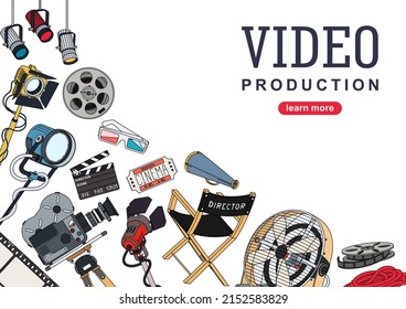 Background mockup for video studio. Poster design with a set of equipment and tools for the film industry and filming video clips. Vector illustration